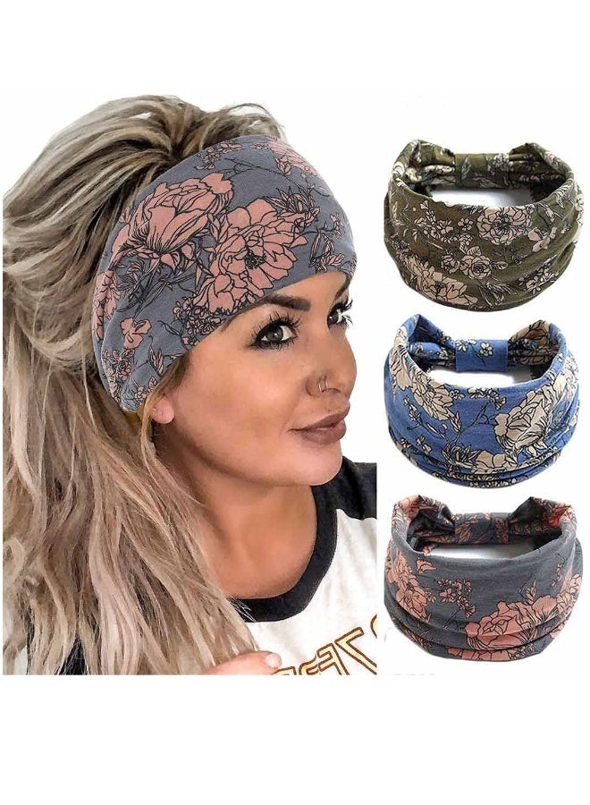 Generic Head Scarf Women, Bandeau Headbands Wide Knot Hair Scarf Floral Printed Hair Band Elastic Turban Thick Head Wrap Stretch Fabric Cotton Head Bands Thick Fashion Hair Accessories for Women Pack of 3 - Image 1