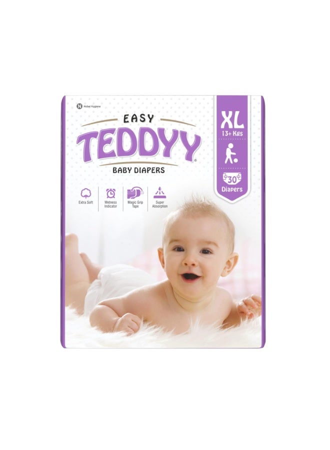 TEDDYY Easy Baby XL Size Diaper Tape Style | 30 Count (Extra Large) | 13-17 kgs (Pack of 1) | Quick Absorbency | Extra Super Soft | Anti - Bacterial | Wetness Indicator with Adjustable Grip Tapes - Image 1