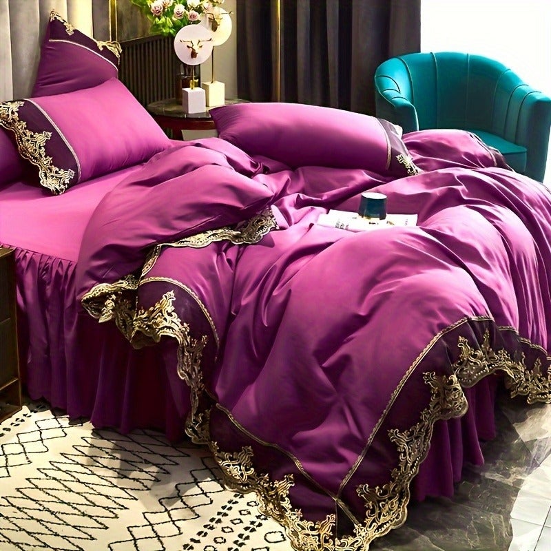 Contemporary Plain Colored Bedding in Green, Blue, Grey, Pink, White, Red, Purple, Or Light Green, Including Quilt Cover And Pillowcase, Available in Two Or Three Piece Options - Image 1