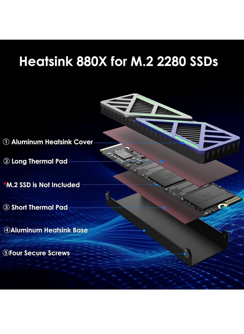 M.2 SSD Heatsink 880X, 2280 NVMe/SATA SSD Heatsink for PC/PS5/mATX/MiniATX, High-Performance SSD Cooler with Dual Thermal Silicone Pads, 3mm Adjustable Height, Aluminum Alloy, Mech-Inspired - Image 2