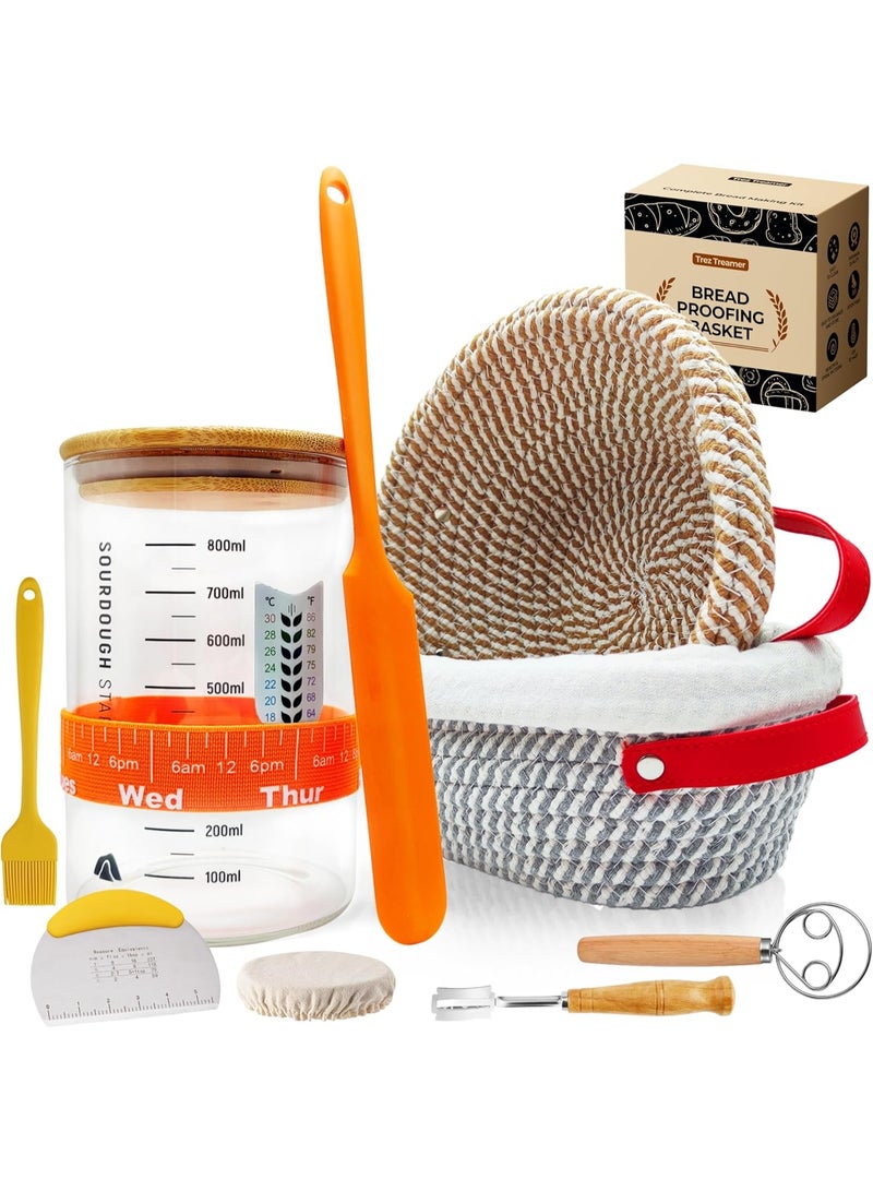 Relex Sourdough Starter Kit, Banneton Bread Proofing Basket 10Inch Round, Sourdough Bread Baking Supplies With Starter Jar, Bread Sling, Lame, Danish Dough Whisk Sourdough Kit Gifts for Bakers Women Wife Mom - Image 1