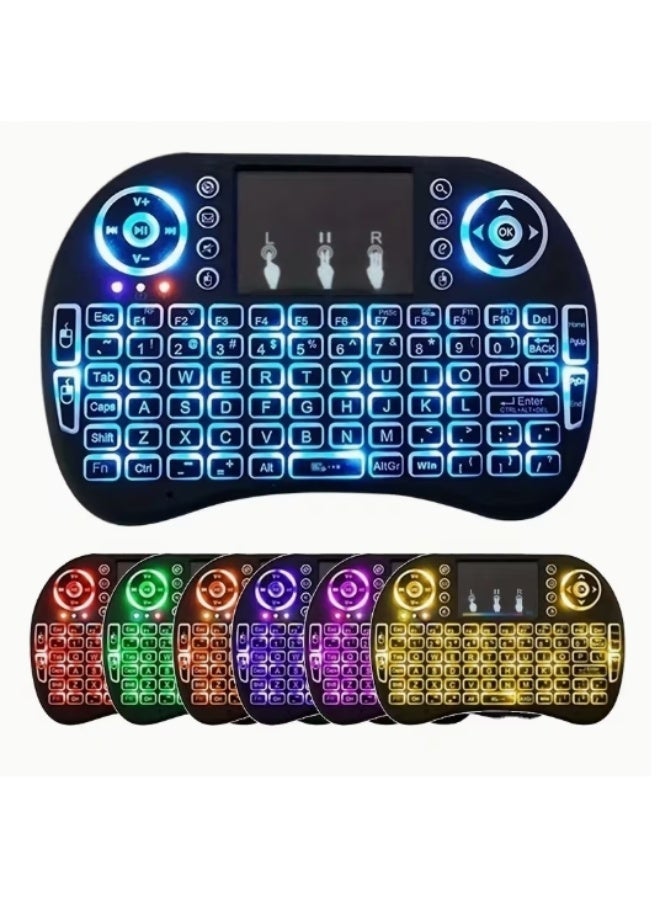 mini wireless keyboard with Colours LED backlight, integrated touchpad, multimedia control buttons, and full QWERTY layout — 2.4 GHz USB receiver, rechargeable, gesture icons (left/right click + pause), function keys (F1–F10), navigation arrows, OK button, volume/play/home/mail shortcuts, ideal for smart TVs, gaming consoles, PCs, and Android boxes - Image 1
