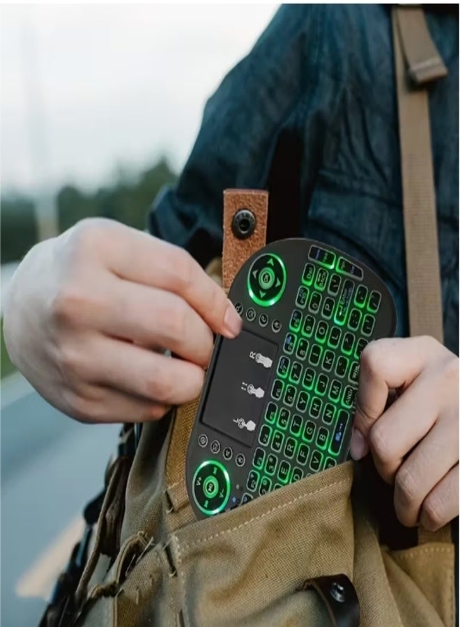 mini wireless keyboard with Colours LED backlight, integrated touchpad, multimedia control buttons, and full QWERTY layout — 2.4 GHz USB receiver, rechargeable, gesture icons (left/right click + pause), function keys (F1–F10), navigation arrows, OK button, volume/play/home/mail shortcuts, ideal for smart TVs, gaming consoles, PCs, and Android boxes - Image 5