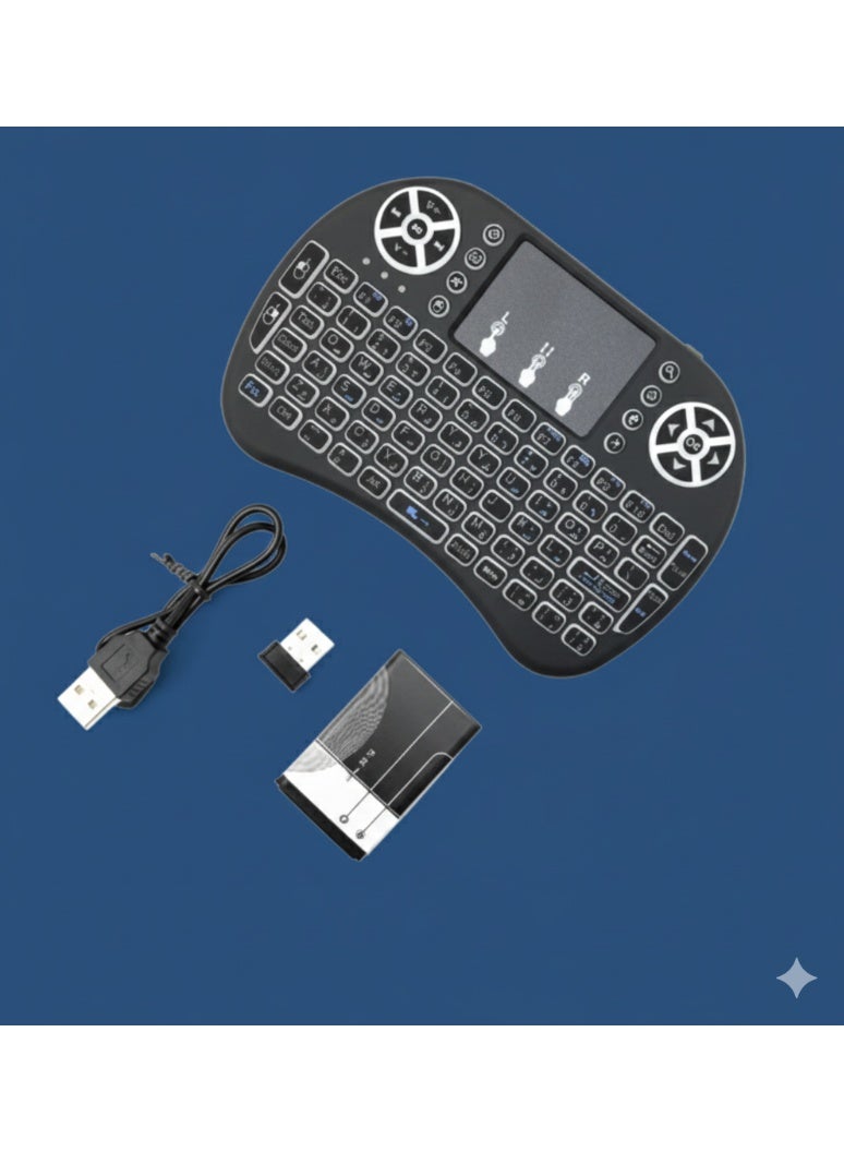 mini wireless keyboard with Colours LED backlight, integrated touchpad, multimedia control buttons, and full QWERTY layout — 2.4 GHz USB receiver, rechargeable, gesture icons (left/right click + pause), function keys (F1–F10), navigation arrows, OK button, volume/play/home/mail shortcuts, ideal for smart TVs, gaming consoles, PCs, and Android boxes - Image 2