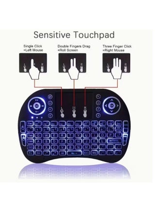 لوحة مفاتيح صغيرة لاسلكية بإضاءة خلفية LED ملونة، مزودة بلوحة لمس مدمجة، وأزرار تحكم وسائط متعددة، وتصميم كامل QWERTY — مستقبل USB بتردد 2.4 غيغاهرتز، قابلة لإعادة الشحن، أيقونات الإيماءات (نقرة يسرى/يمنى + إيقاف مؤقت)، مفاتيح الوظائف (F1–F10)، أسهم التنقل، زر OK، اختصارات الصوت/التشغيل/الصفحة الرئيسية/البريد، مثالية لأجهزة التلفاز الذكية، وأجهزة الألعاب، وأجهزة الكمبيوتر، وصناديق Android - view 3