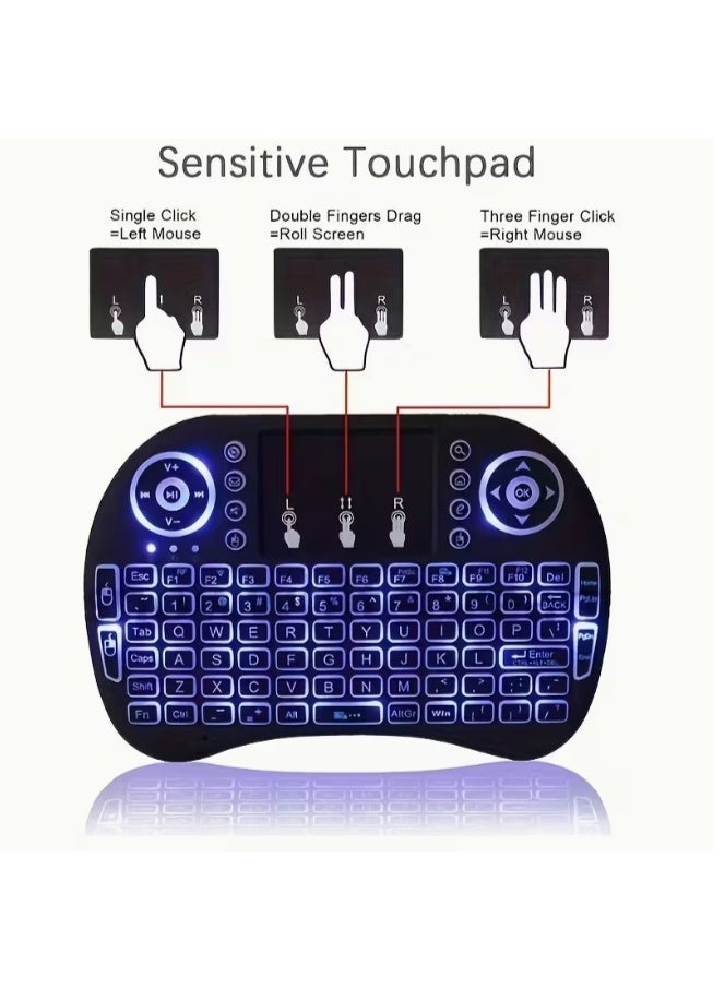 mini wireless keyboard with Colours LED backlight, integrated touchpad, multimedia control buttons, and full QWERTY layout — 2.4 GHz USB receiver, rechargeable, gesture icons (left/right click + pause), function keys (F1–F10), navigation arrows, OK button, volume/play/home/mail shortcuts, ideal for smart TVs, gaming consoles, PCs, and Android boxes - Image 3