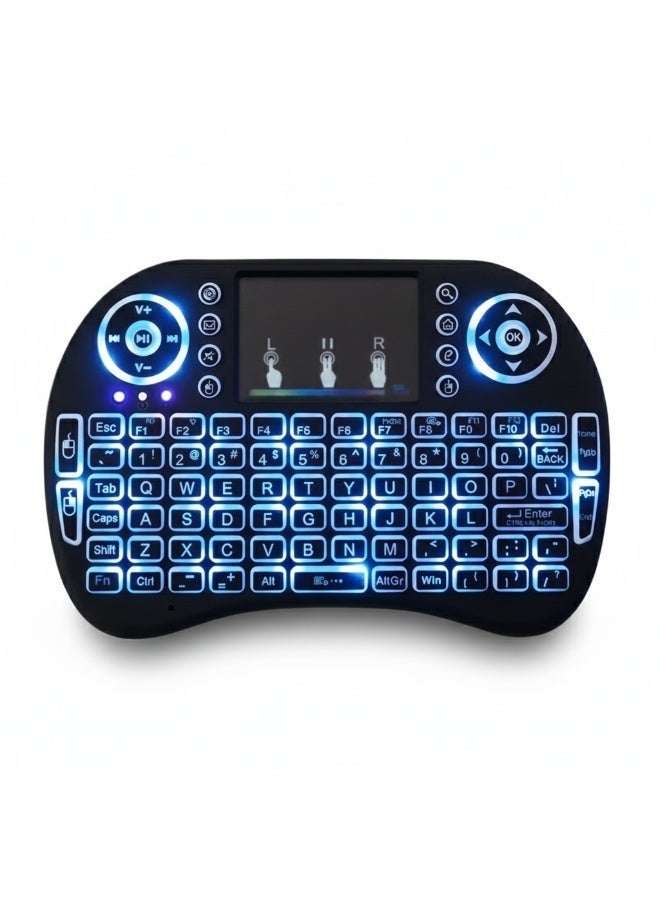 mini wireless keyboard with Colours LED backlight, integrated touchpad, multimedia control buttons, and full QWERTY layout — 2.4 GHz USB receiver, rechargeable, gesture icons (left/right click + pause), function keys (F1–F10), navigation arrows, OK button, volume/play/home/mail shortcuts, ideal for smart TVs, gaming consoles, PCs, and Android boxes - Image 4