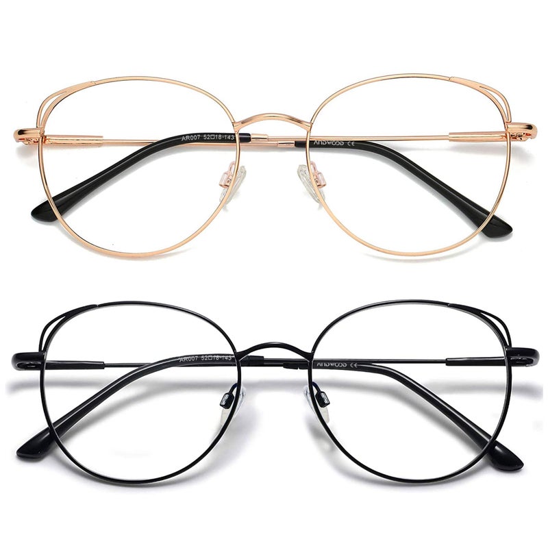 ANDWOOD Blue Light Blocking Glasses Women Cat Eye Computer Eyeglasses Metal Frame Hipster 2 Pack Rose Gold Black