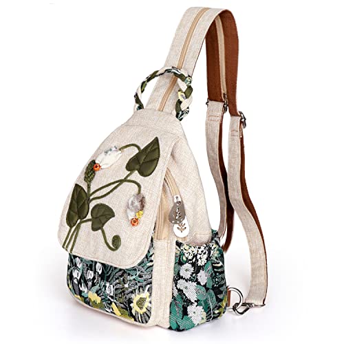 AULUDA Girl's Convertible Sling Bag, Hand Craft Artisan Purse, Beautiful Canvas Premium Casual Day Mini Backpack for Women (Green Marsh) - Image 1
