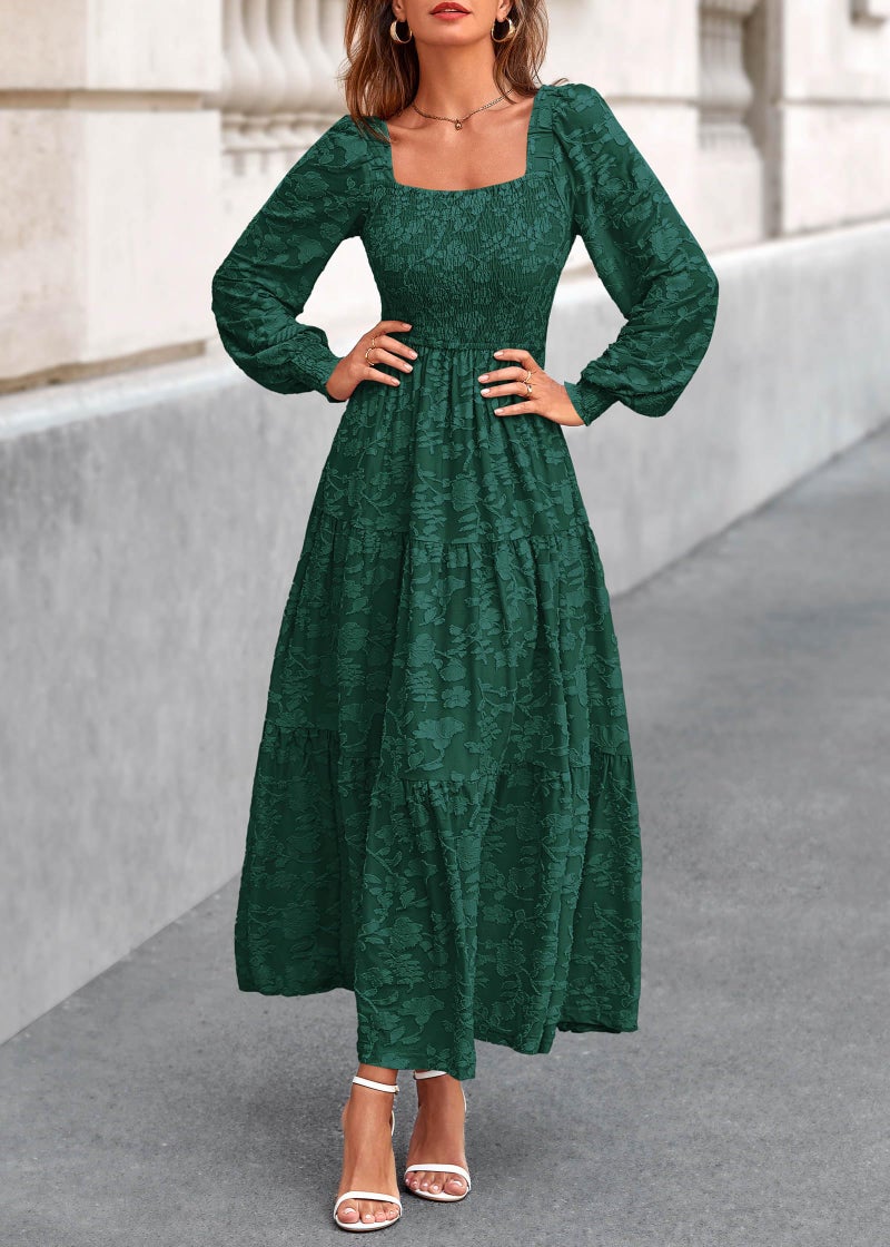 KIRUNDO Wedding Guest Dresses for Women Spring 2026 Long Sleeve Smocked Floral Flowy A Line Boho Maxi Dress Fashion Clothing (Emerald Green, Medium) - Image 4