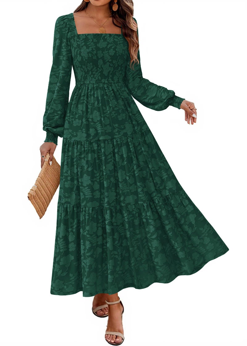 KIRUNDO Wedding Guest Dresses for Women Spring 2026 Long Sleeve Smocked Floral Flowy A Line Boho Maxi Dress Fashion Clothing (Emerald Green, Medium) - Image 1