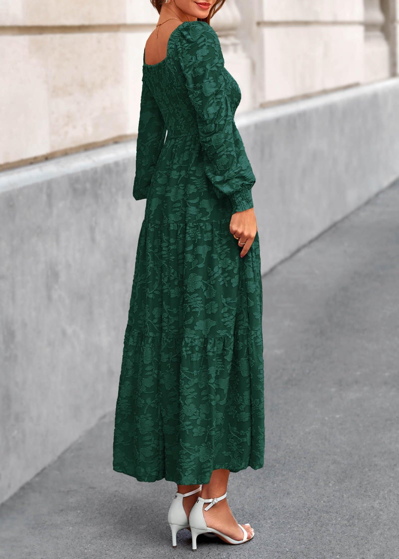 KIRUNDO Wedding Guest Dresses for Women Spring 2026 Long Sleeve Smocked Floral Flowy A Line Boho Maxi Dress Fashion Clothing (Emerald Green, Medium) - Image 2