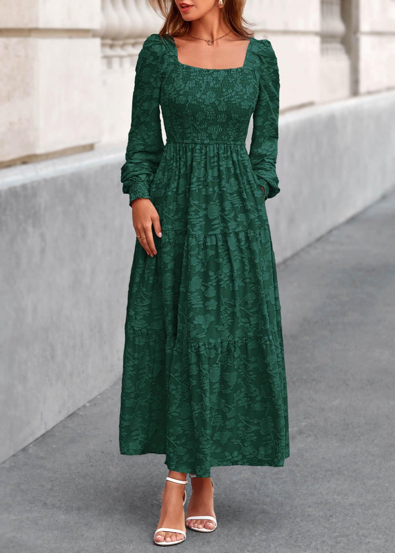 KIRUNDO Wedding Guest Dresses for Women Spring 2026 Long Sleeve Smocked Floral Flowy A Line Boho Maxi Dress Fashion Clothing (Emerald Green, Medium) - Image 5