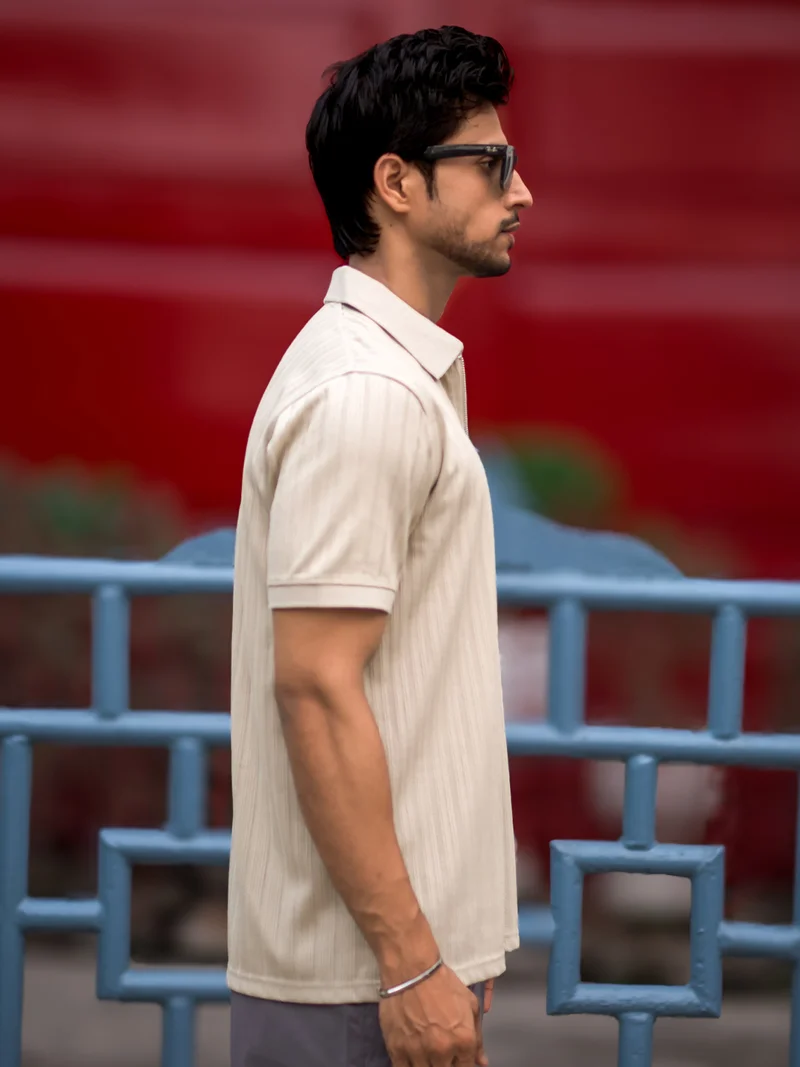 Maniac  Maniac Men Solid Textured Polo Neck Half Sleeve Biscuit Cotton T-Shirt for Men | Best Price UAE