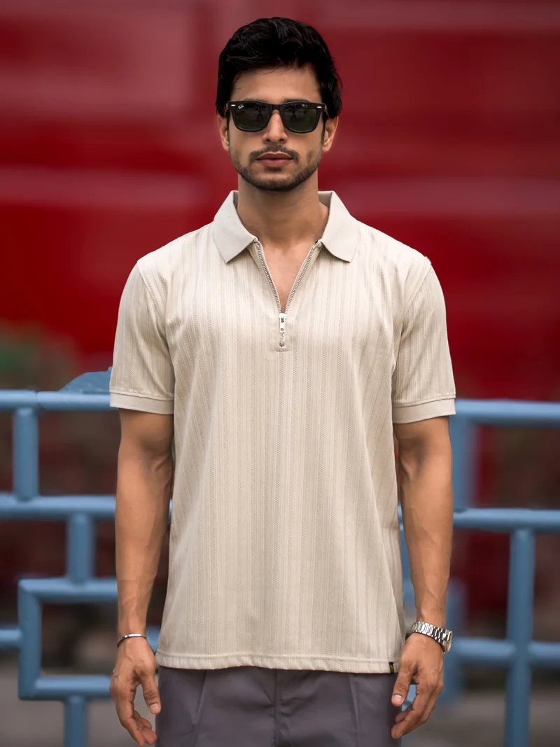 Maniac  Maniac Men Solid Textured Polo Neck Half Sleeve Biscuit Cotton T-Shirt for Men | Best Price UAE
