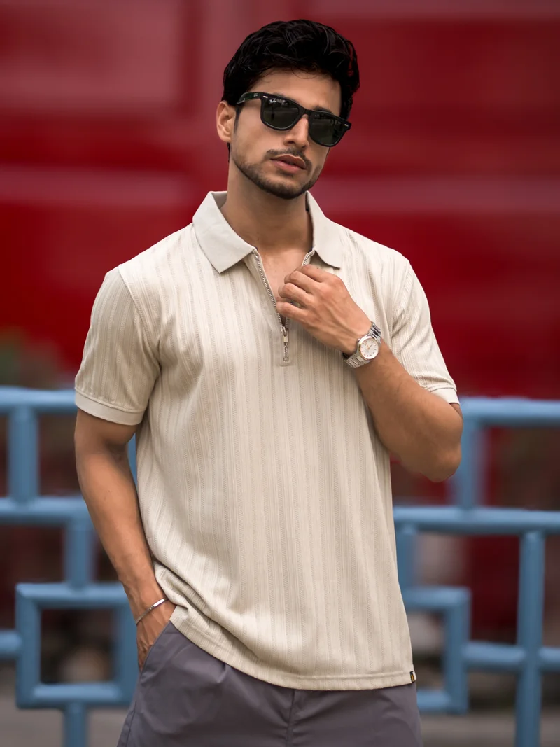 مانياك تيشيرت بولو رجالي قطن سادة بأكمام نصفية بلون بسكويت