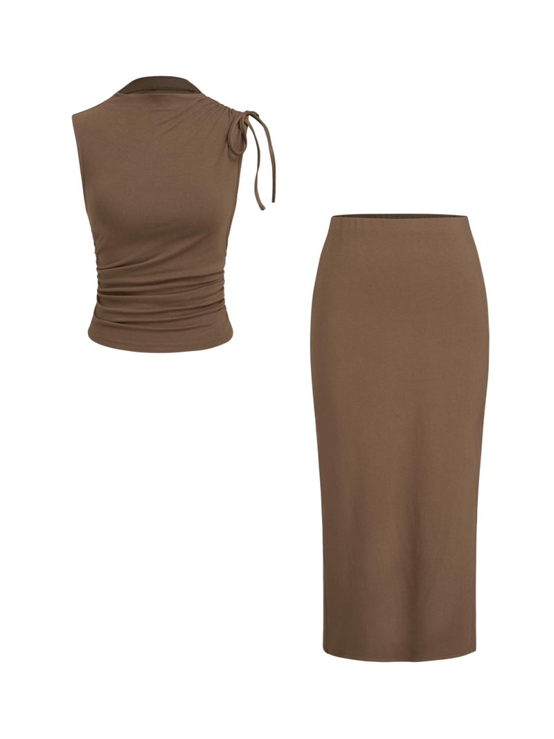 CIDER Women's Sleeveless Tie Shoulder Tank Top & Midi Skirt Elegant Set - Image 1
