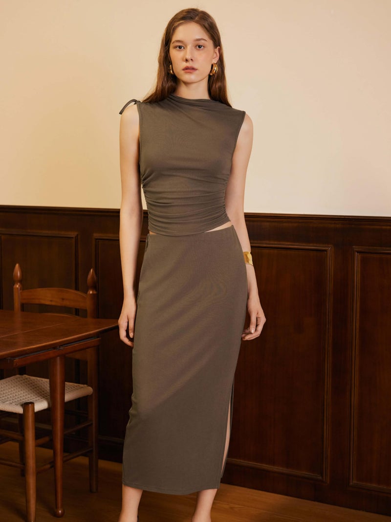 CIDER Women's Sleeveless Tie Shoulder Tank Top & Midi Skirt Elegant Set - Image 5
