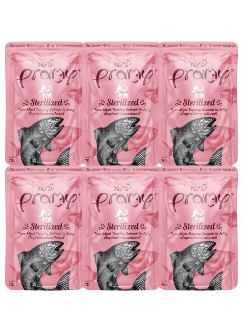 Pramy Cat Wet Food With Tuna And Salmpn In Jelly Flavor For Sterilized Cats - 6x70g - Enriched with L-Carnitine, Beta-Glucans, and Evening Primrose Oil for Weight Management and Overall Wellness – Premium Wet Food for Sterilized Cats - Image 1