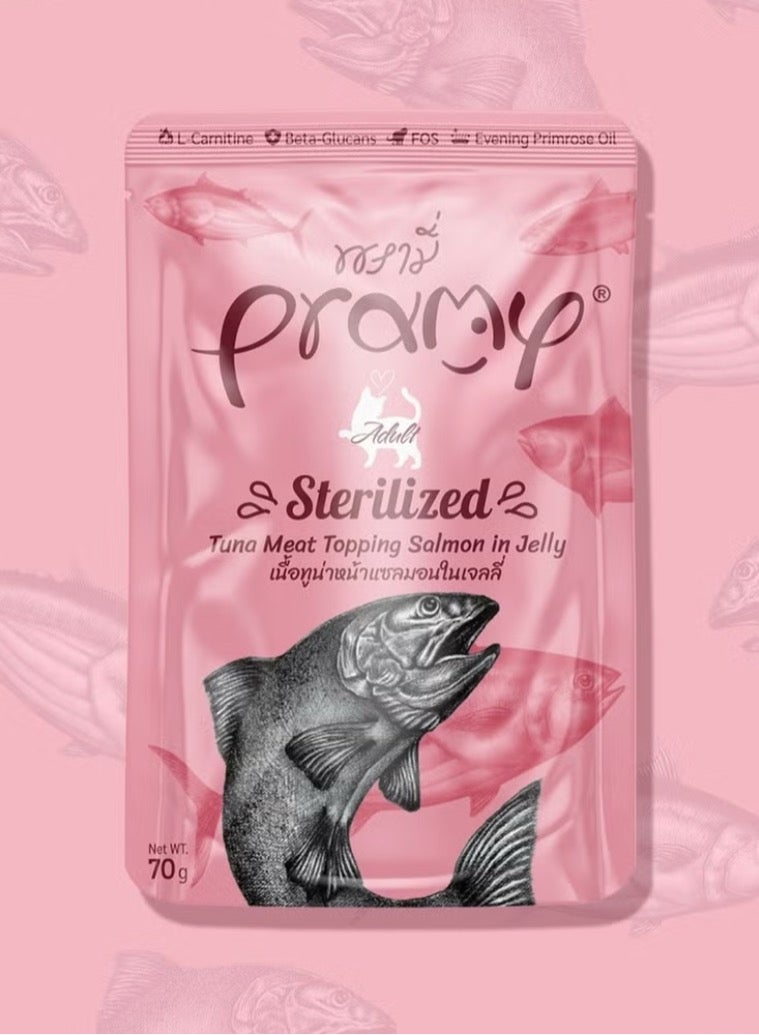 Pramy Cat Wet Food With Tuna And Salmpn In Jelly Flavor For Sterilized Cats - 6x70g - Enriched with L-Carnitine, Beta-Glucans, and Evening Primrose Oil for Weight Management and Overall Wellness – Premium Wet Food for Sterilized Cats - Image 2