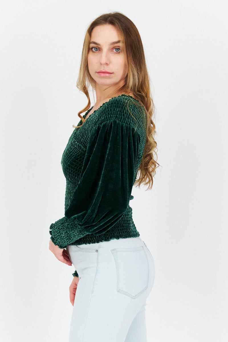 BB Dakota by Steve Madden Women Off Shoulder Neckline Long Sleeve Velvet Blouse, Forest Green  - Image 4