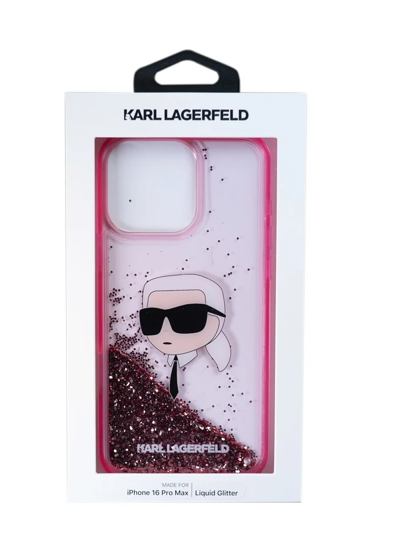 Karl Lagerfeld Liquid Glitter Hard Case with NFT Karl Head for iPhone 16 Pro Max / Accurate Cutouts / Drop protection / Comfortable Grip-Pink