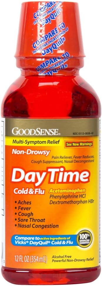 GoodSense Daytime Cold  Flu MultiSymptom Relief NonDrowsy Effective Relief for Fever Sore Throat Cough Nasal Congestion 12 Fl Oz - Image 1