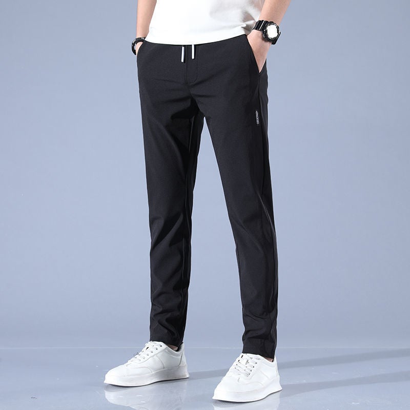 Mens Summer Ice Silk Pants Breathable Elastic Casual 8812-Black - Image 1
