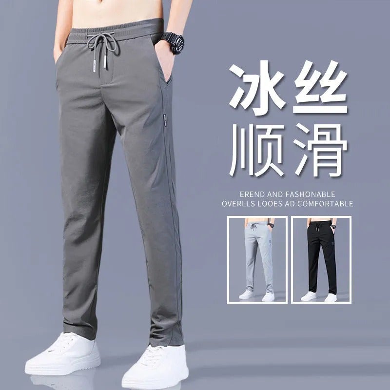 Mens Summer Ice Silk Pants Breathable Elastic Casual 8812-Black - Image 2
