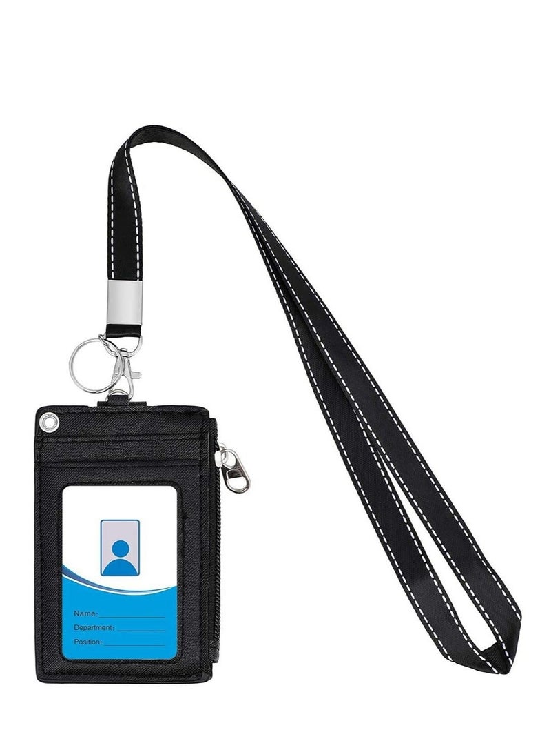 Captaintech Badge Holder with Zipper, Cute Id Badge Holder Wallet Leather Credit Card Holder Zipper Wallet with Lanyard, 2 Sided 5 Card Slots and Key Chain - Image 2