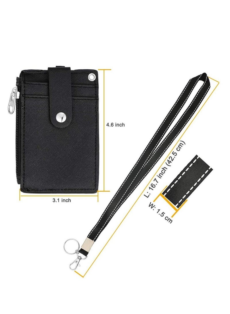 Captaintech Badge Holder with Zipper, Cute Id Badge Holder Wallet Leather Credit Card Holder Zipper Wallet with Lanyard, 2 Sided 5 Card Slots and Key Chain - Image 3