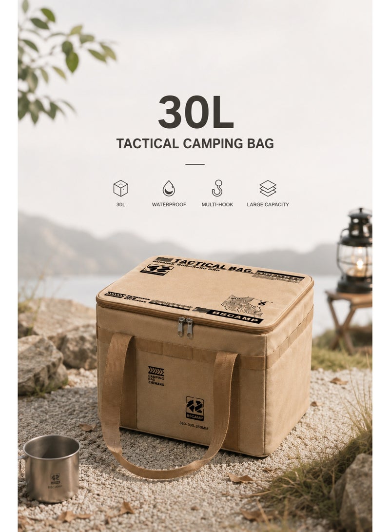 30L Tactical Camping Storage Bag, Waterproof Outdoor Gear Organizer with Multi-Hook Webbing, Large Capacity Camping Tote with PVC Bottom for Camping Picnic Car Travel Fishing - Image 1