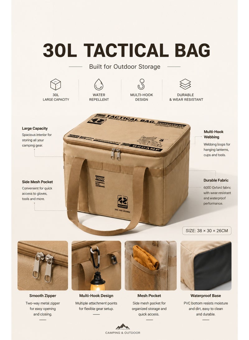 30L Tactical Camping Storage Bag, Waterproof Outdoor Gear Organizer with Multi-Hook Webbing, Large Capacity Camping Tote with PVC Bottom for Camping Picnic Car Travel Fishing - Image 3