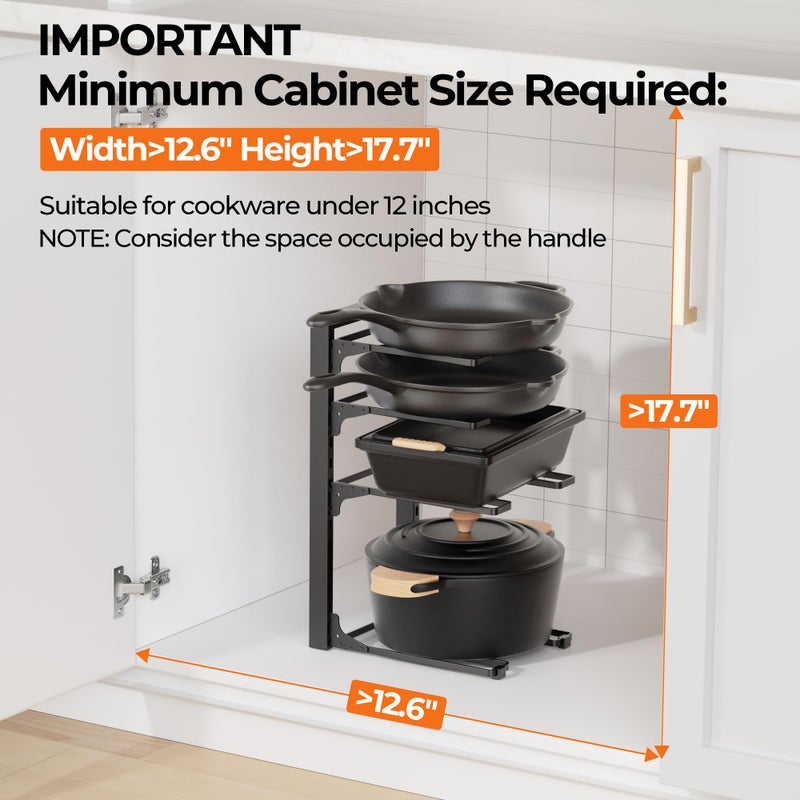 MUDEELA Pots and Pans Organizer under Cabinet 15.75" Tall, 4-Tier Heavy Duty Pan Organizers inside Cabinet Kitchen Storage, Adjustable Pot Rack Holds up to 44 LB Cast Iron Skillets Shallow Cookware - Image 2