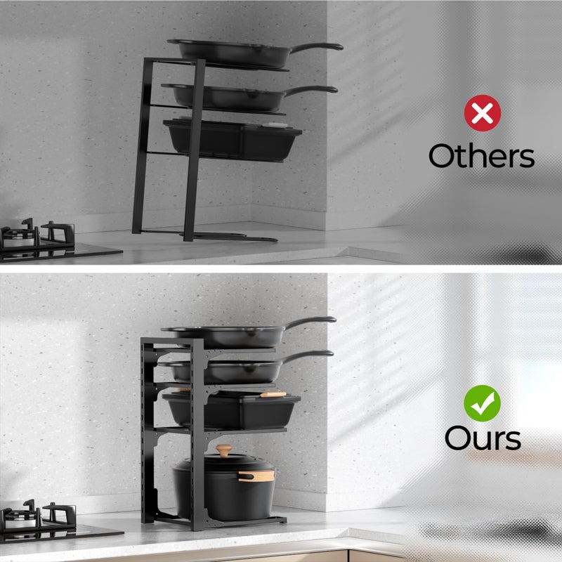 MUDEELA Pots and Pans Organizer under Cabinet 15.75" Tall, 4-Tier Heavy Duty Pan Organizers inside Cabinet Kitchen Storage, Adjustable Pot Rack Holds up to 44 LB Cast Iron Skillets Shallow Cookware - Image 5