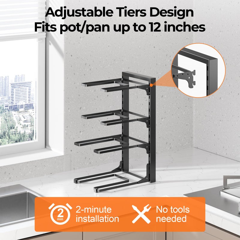 MUDEELA Pots and Pans Organizer under Cabinet 15.75" Tall, 4-Tier Heavy Duty Pan Organizers inside Cabinet Kitchen Storage, Adjustable Pot Rack Holds up to 44 LB Cast Iron Skillets Shallow Cookware - Image 4