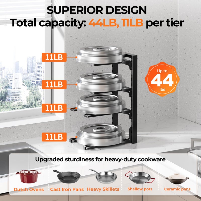 MUDEELA Pots and Pans Organizer under Cabinet 15.75" Tall, 4-Tier Heavy Duty Pan Organizers inside Cabinet Kitchen Storage, Adjustable Pot Rack Holds up to 44 LB Cast Iron Skillets Shallow Cookware - Image 3
