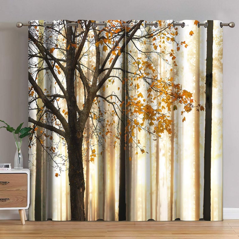 Jekeno Fall Tree Blackout Curtains Autumn Maple Tree Yellow Orange Leaves Brown Branch Wooden Nature Tree Decor Bedroom Living Room Grommet Window Drapes 2 Panel Set  52""x84"" - Image 1