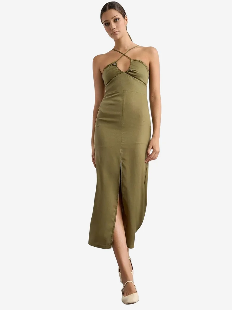 HICCUP Cross Neck Bodycon Midi Dress with Slit and Drawstring Detail