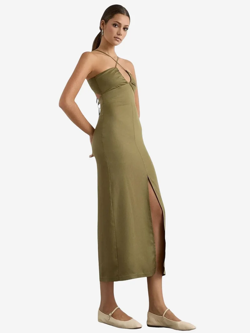 HICCUP Cross Neck Bodycon Midi Dress with Slit and Drawstring Detail