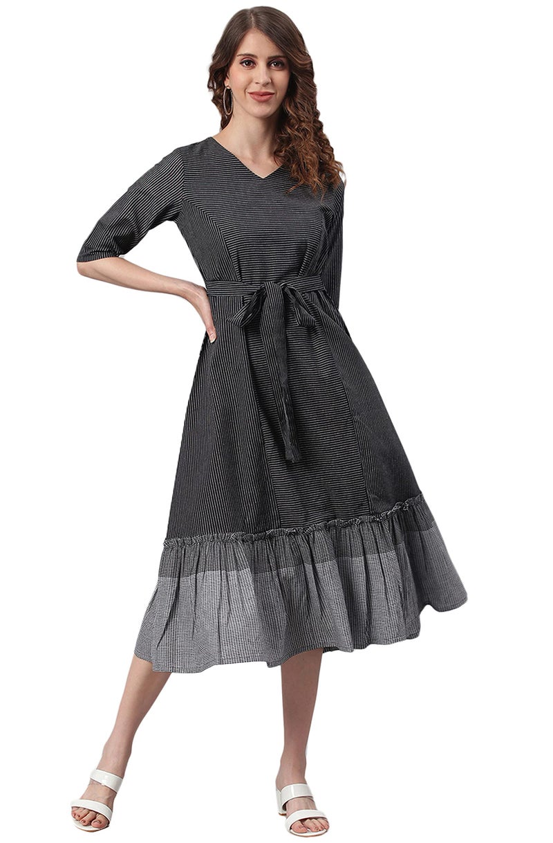 Janasya Women's Black Cotton Striped Flared Casual Dress(J0157-DR-XL) - Image 1