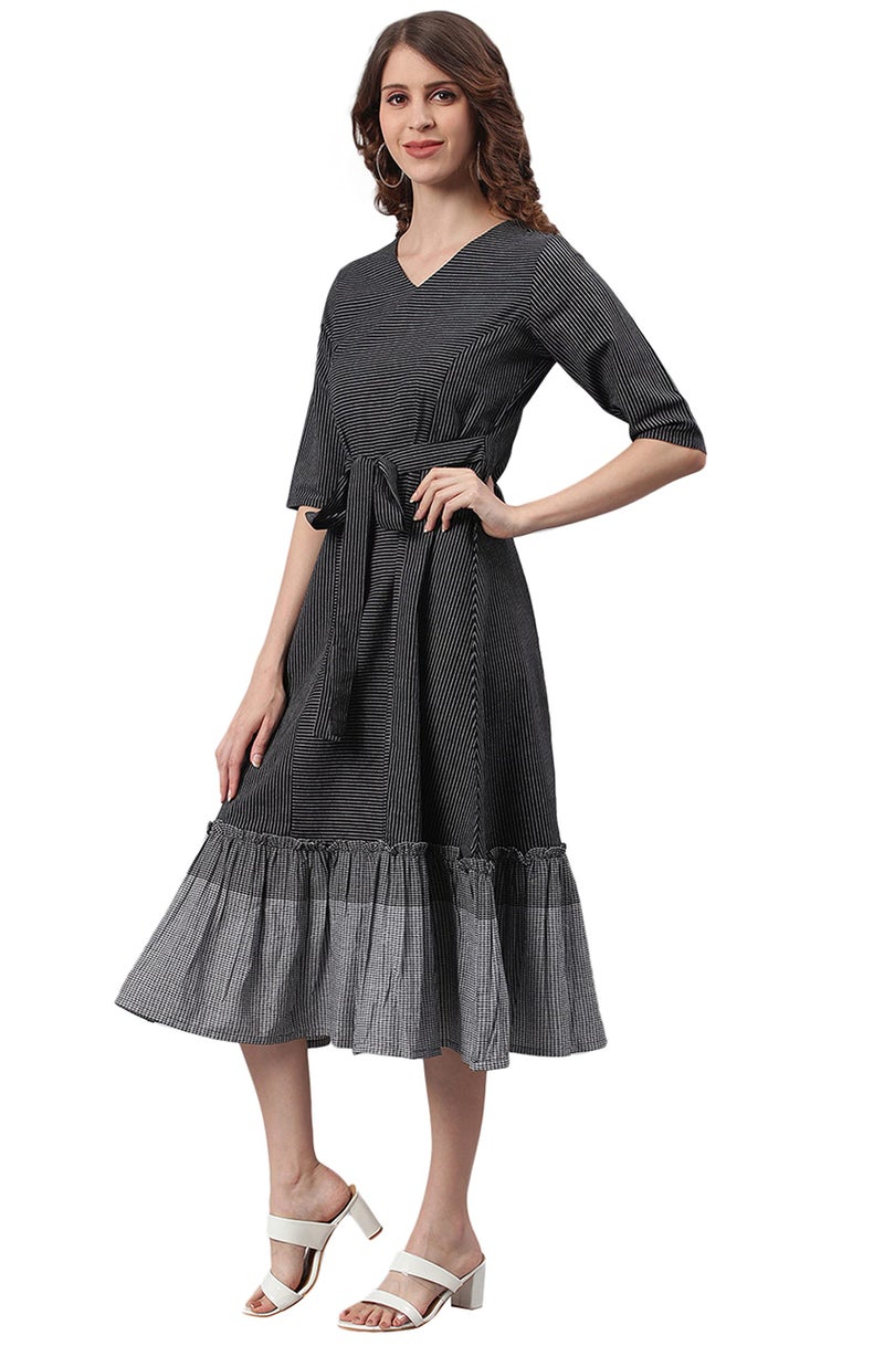Janasya Women's Black Cotton Striped Flared Casual Dress(J0157-DR-XL) - Image 3