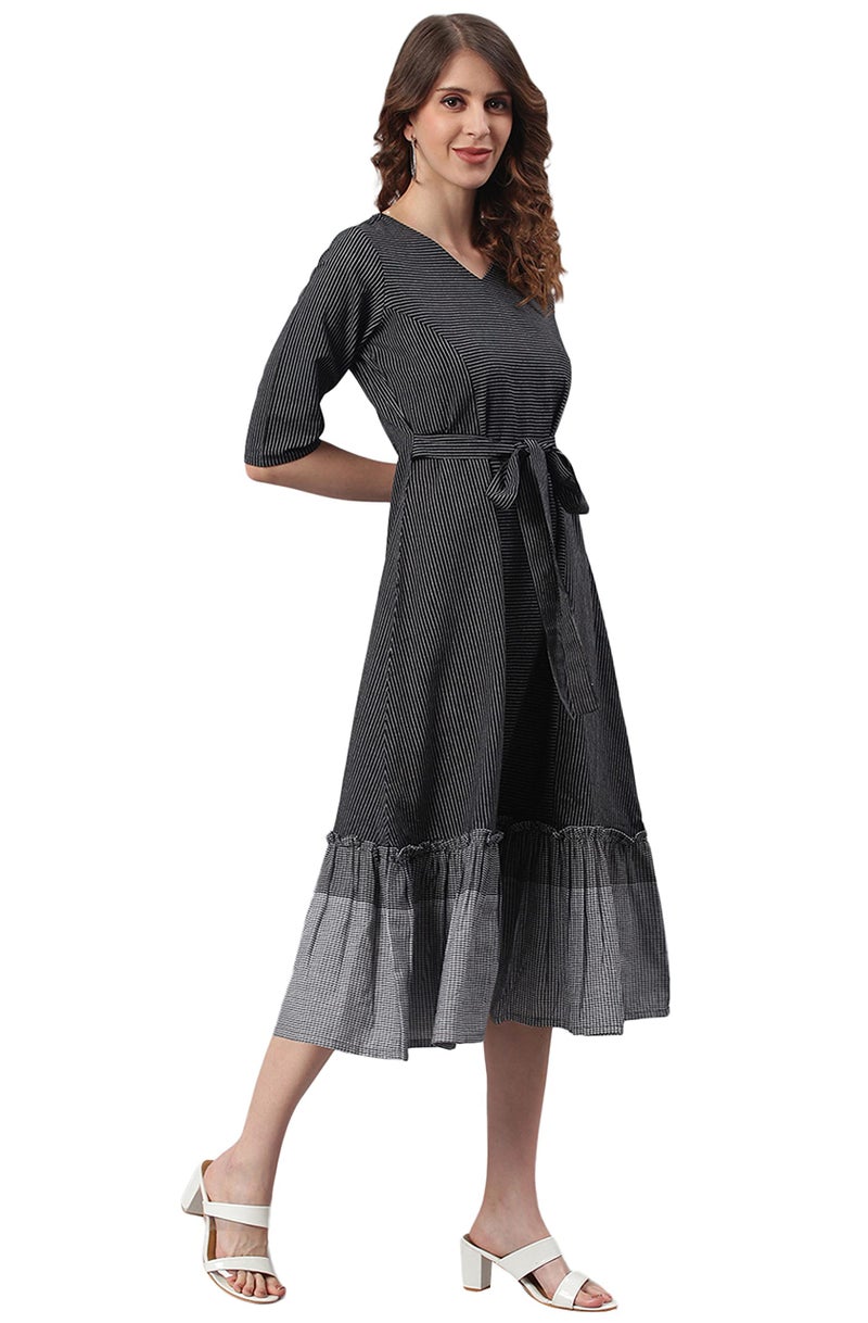 Janasya Women's Black Cotton Striped Flared Casual Dress(J0157-DR-XL) - Image 4