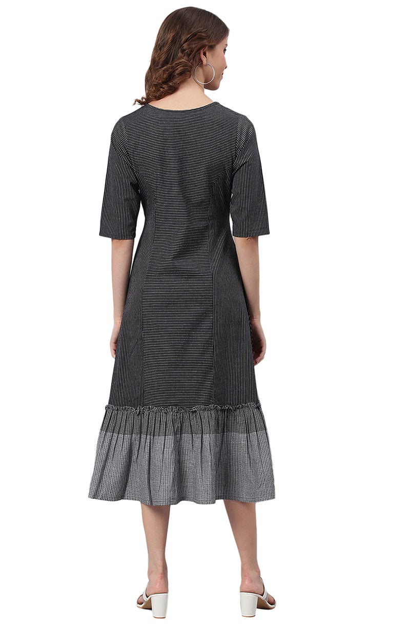 Janasya Women's Black Cotton Striped Flared Casual Dress(J0157-DR-XL) - Image 5