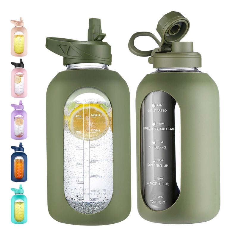 CIVAGO 64 oz Glass Water Bottle Jug with Straw and Handle Half Gallon Sports Motivational Bottle with Time Marker Large Flask Canteen with Silicone Sleeve for Gym Army Green