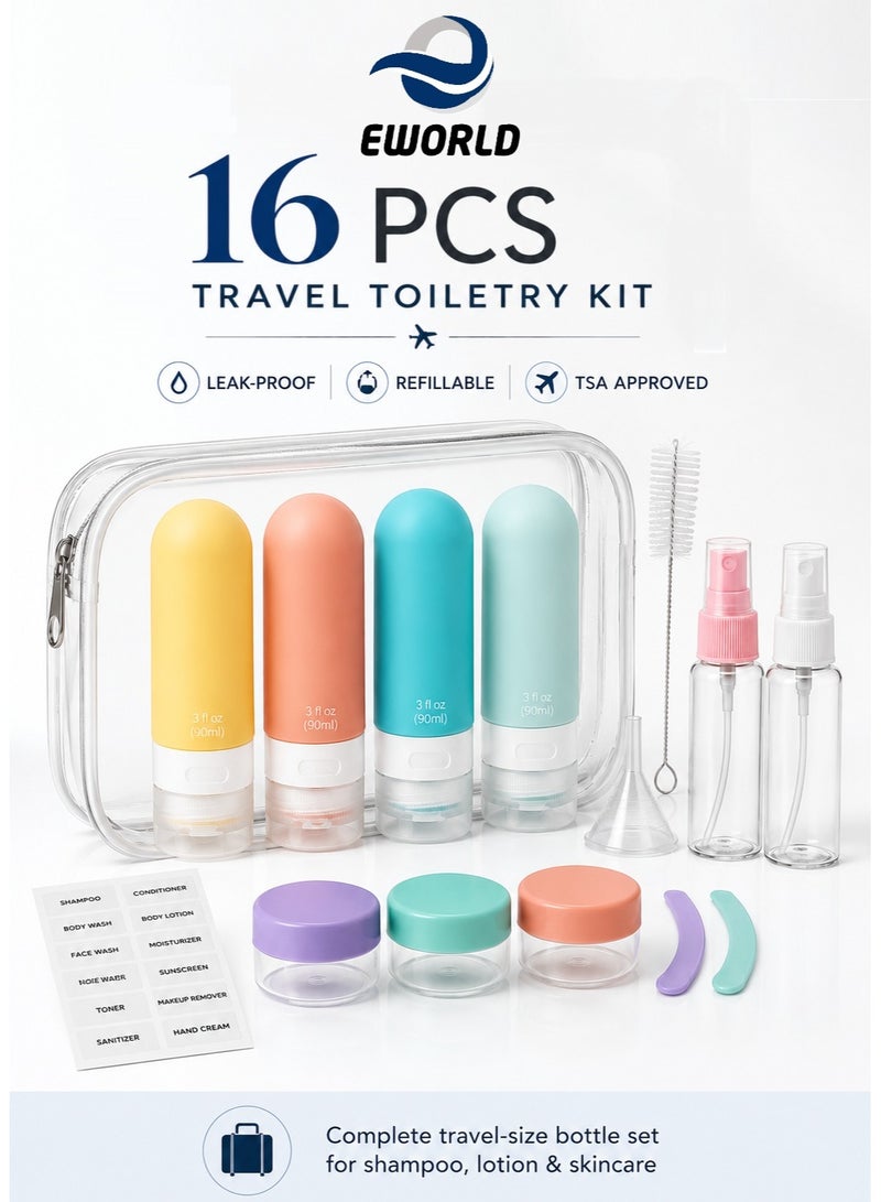 Eworld 16-Pcs Travel Bottle Set for Toiletries | Leak-Proof Refillable Silicone Travel Containers for Shampoo, Conditioner, Lotion & Liquid | Multicolour Travel Kit with Bag | TSA Approved - Image 1