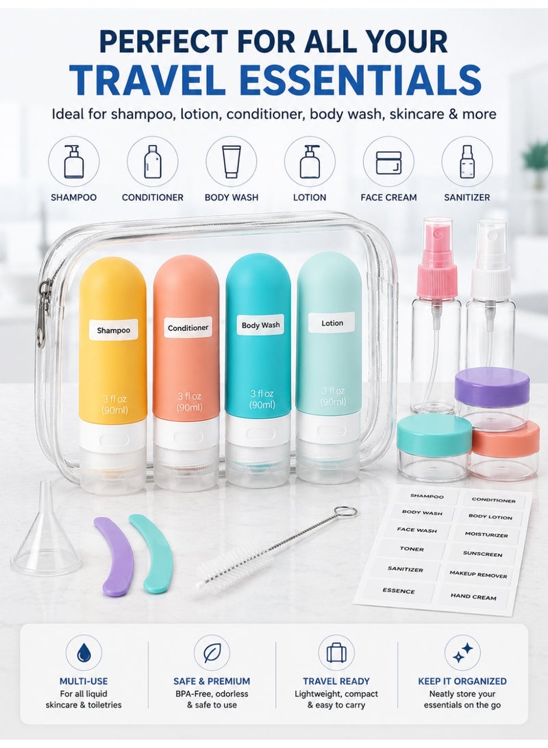Eworld 16-Pcs Travel Bottle Set for Toiletries | Leak-Proof Refillable Silicone Travel Containers for Shampoo, Conditioner, Lotion & Liquid | Multicolour Travel Kit with Bag | TSA Approved - Image 4