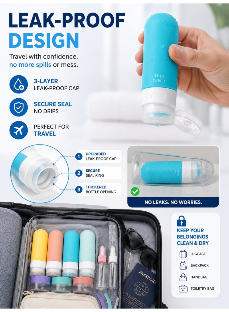 Eworld 16-Pcs Travel Bottle Set for Toiletries | Leak-Proof Refillable Silicone Travel Containers for Shampoo, Conditioner, Lotion & Liquid | Multicolour Travel Kit with Bag | TSA Approved - Image 5