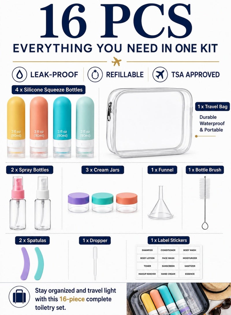 Eworld 16-Pcs Travel Bottle Set for Toiletries | Leak-Proof Refillable Silicone Travel Containers for Shampoo, Conditioner, Lotion & Liquid | Multicolour Travel Kit with Bag | TSA Approved - Image 2