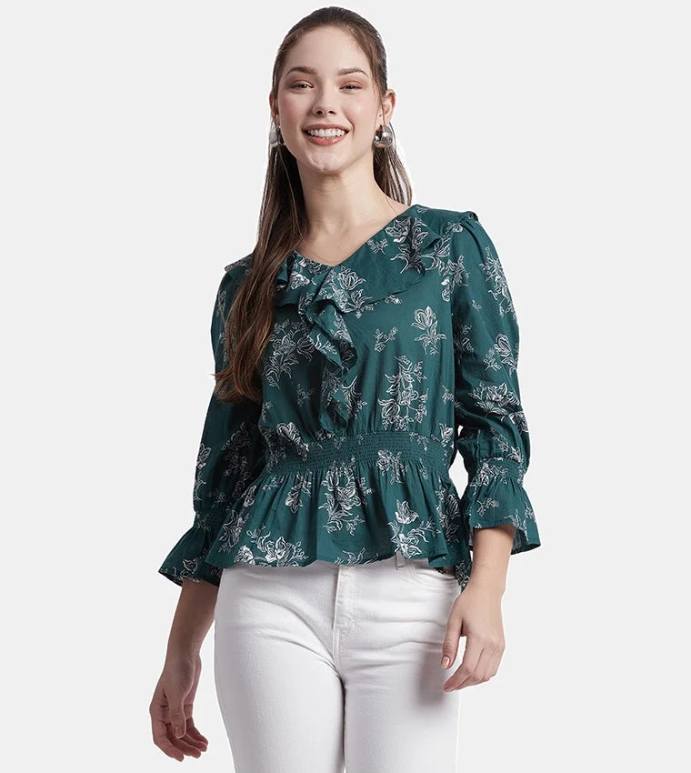 Printed 3/4 Sleeves Ruffle Top